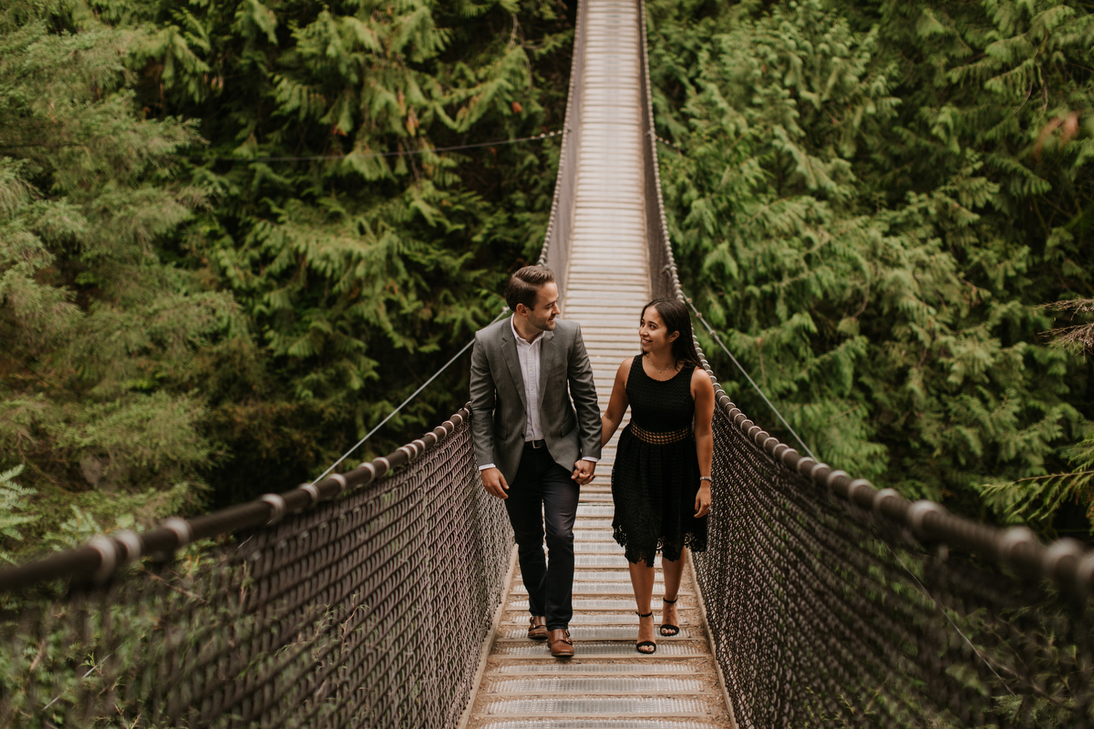 couple holding hands at lynn canyon suspense bridge
